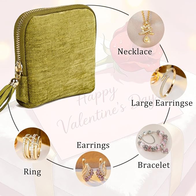 ASINGYER Travel Jewelry Storage Bag for Women, Velvet Portable Jewelry Organizer with Tassel Zipper, Small Pouches for Bracelets Necklaces Rings Earrings, Wedding Gift for Women (Green) - Image 4