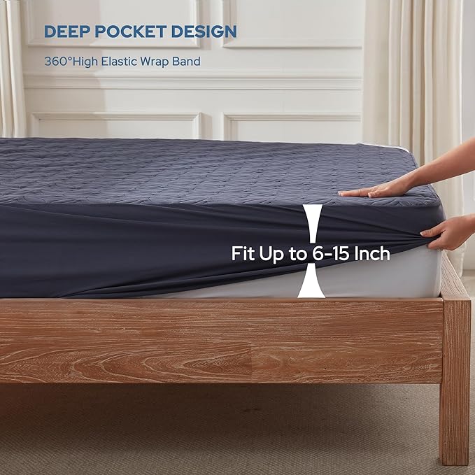 BEDLORE 2 Pack Waterproof Mattress Protector, Twin XL Size Mattress Pad with Deep Pocket 6"-15" Depth, Soft Breathable Bed Mattress Cover for Bedroom, College Dorm (Navy Blue)