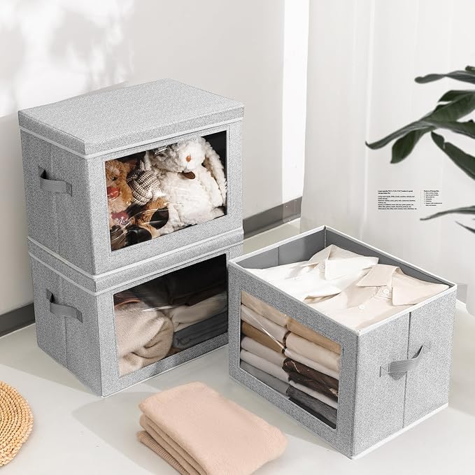 Homsorout Storage Bins with Lids, 3 Pack Large Storage Cubes with Window, Closet Bins with Lids & Handles, Fabric Box for Organizing Clothes, Towels, Books, Blended - Image 4