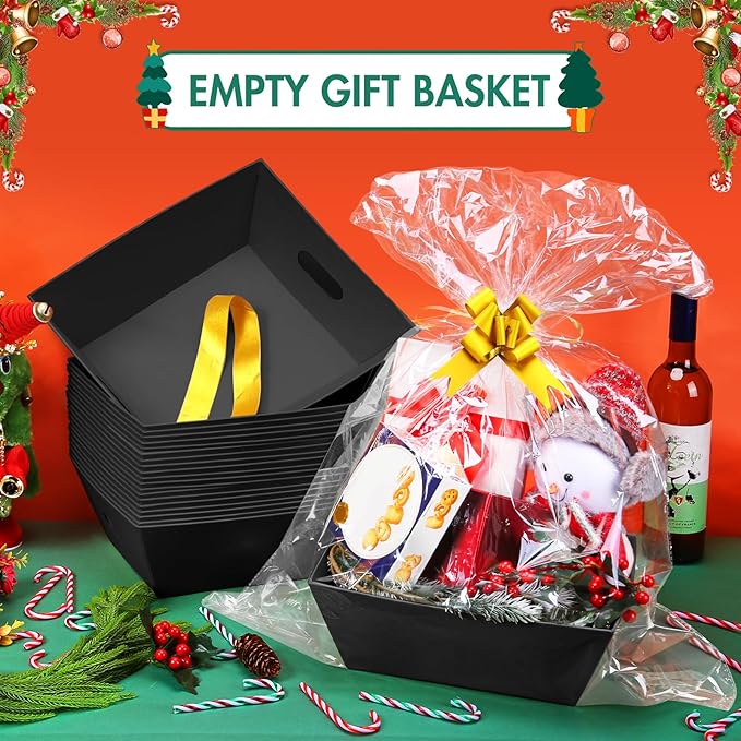 AFOROEOA 6PACK Black Baskets For Gifts Empty, 10x12”Thick Black Gift Basket with 6 Bows 6 Bags Empty Gift Baskets for Christmas Thanksgiving Wedding Birthday Party Wrapping Gift - Image 3