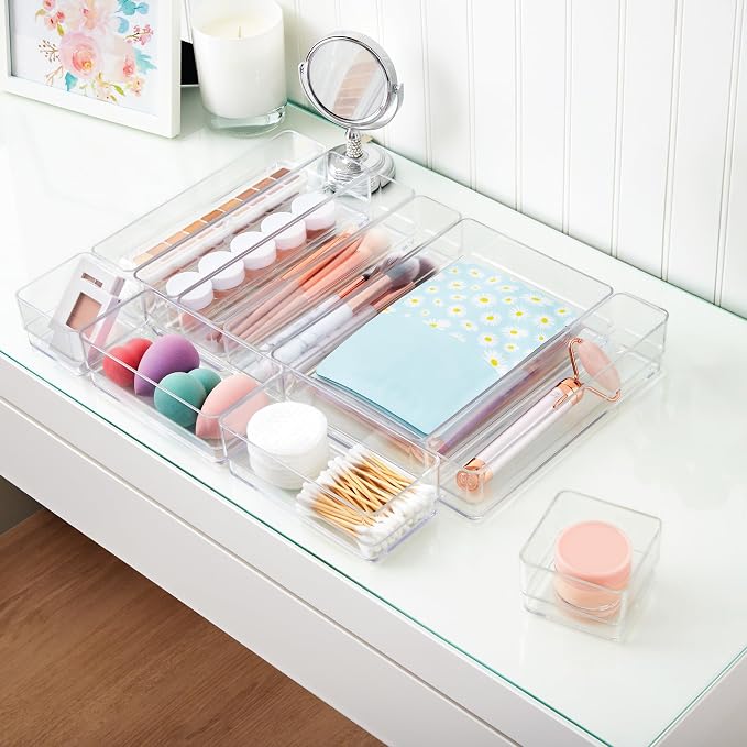 STORi SimpleSort 10-Piece Stackable Clear Drawer Organizer Set | Multi-size Trays | Makeup Vanity Storage Bins and Office Desk Drawer Dividers | Made in USA - Image 7