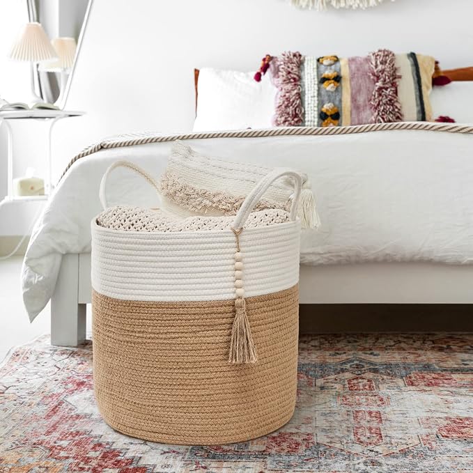 Mkono Woven Storage Basket Decorative Rope Basket Wooden Bead Decoration for Blankets,Toys,Clothes,Shoes,Plant Organizer Bin with Handles Living Room Home Decor, 15"Wx17.7"L,White and Yellow - Image 2