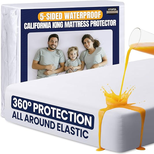 Utopia Bedding Waterproof 5-Sided Mattress Protector California King Size, Premium Breathable Mattress Cover, Fitted Style with Stretchable Pockets (White)