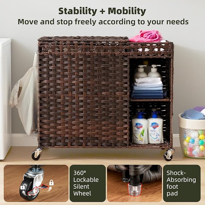 Laundry Hamper with Lid, 160L Rattan Wicker Laundry Basket with Wheels, Handwoven Laundry Hamper 2-Section with Storage shelf(42.3 Gal), Laundry Sorter Basket with Removable Liner, Brown HLH032BR - Image 5