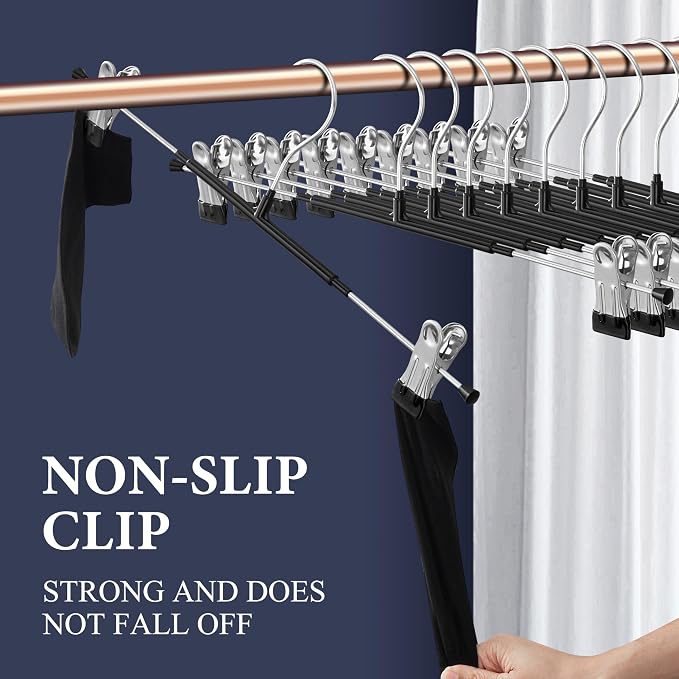 Pants Hangers with Clips 10 Pack 16Inch Adjustable Skirt Hanger for Women Non-Slip Trousers Hanger for Jeans Clothes Hangers for Pants Heavy Duty Space Saving Shorts Hangers,Black - Image 3