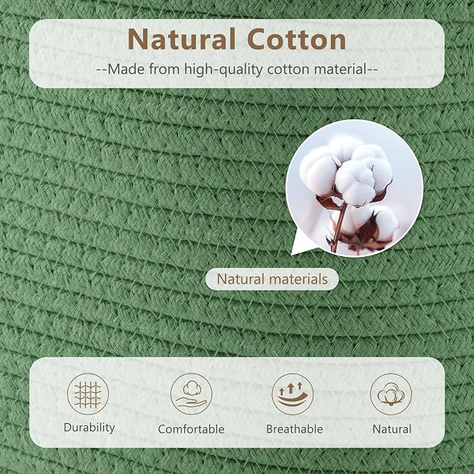 ECDYQXVU Cotton Rope Basket, Storage Baskets with Handle, 15x10x9 Inch Woven Basket for Shelves, Laundry, Towels, Clothes, Books (Green 3Pack) - Image 3