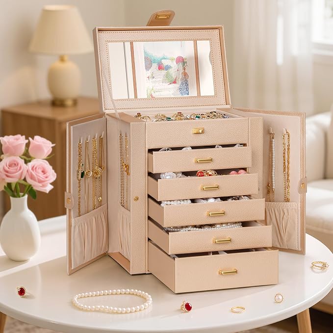 AKOZLIN 6-Tier Jewelry Box Organizer Functional 5 Drawers Leather Jewelry Storage Case for Women Girls Ring Necklace Earring Bracelet Holder Organizer with Mirror Champagne - Image 7