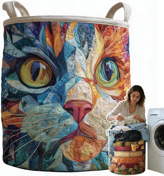 Cat Quilted Laundry Basket - 18"/22"/28", 2026 Large Quilted Cat Laundry Basket with Handles, Cozy Cat Fabric Storage Hamper for Nursery, Bedroom, Laundry Room, Clothes & Toys (7, M 16"X22") by Unknown