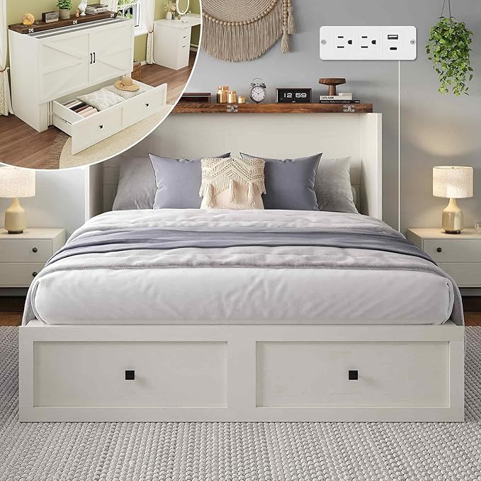 LUXOAK Murphy Bed with Charging Station, Queen Size Cabinet Bed with Large Storage Drawer for Home Office or Small Room, Hideaway Foldable Platform Bed, White