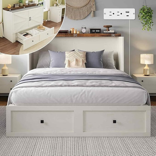 LUXOAK Murphy Bed with Charging Station, Queen Size Cabinet Bed with Large Storage Drawer for Home Office or Small Room, Hideaway Foldable Platform Bed, White