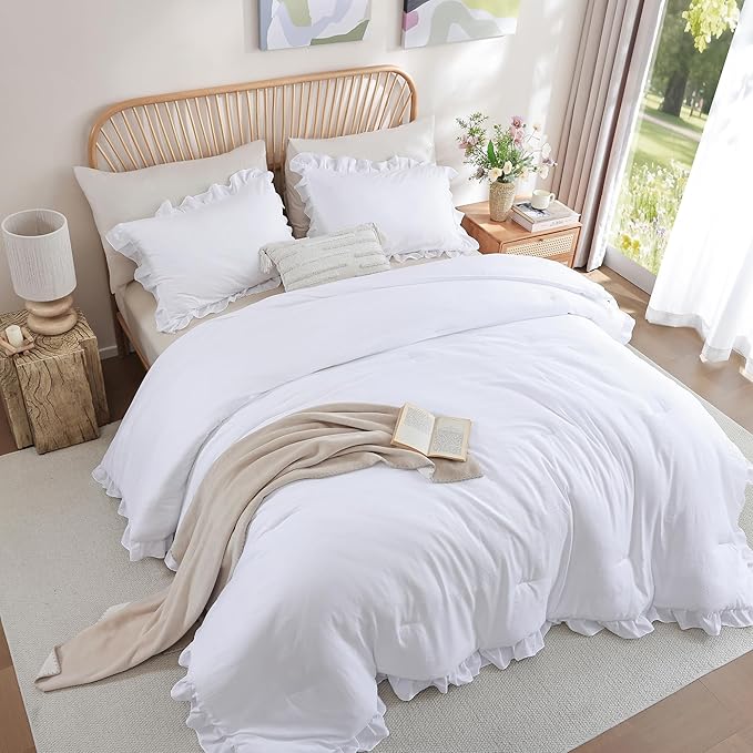 JANZAA Queen Comforter Set White Comforter 3PCS (1 Ruffle Comforter and 2 Pillowcases) Vintage Farmhouse Shabby Chic Bedding Soft Fluffy Bed Set Queen All Season