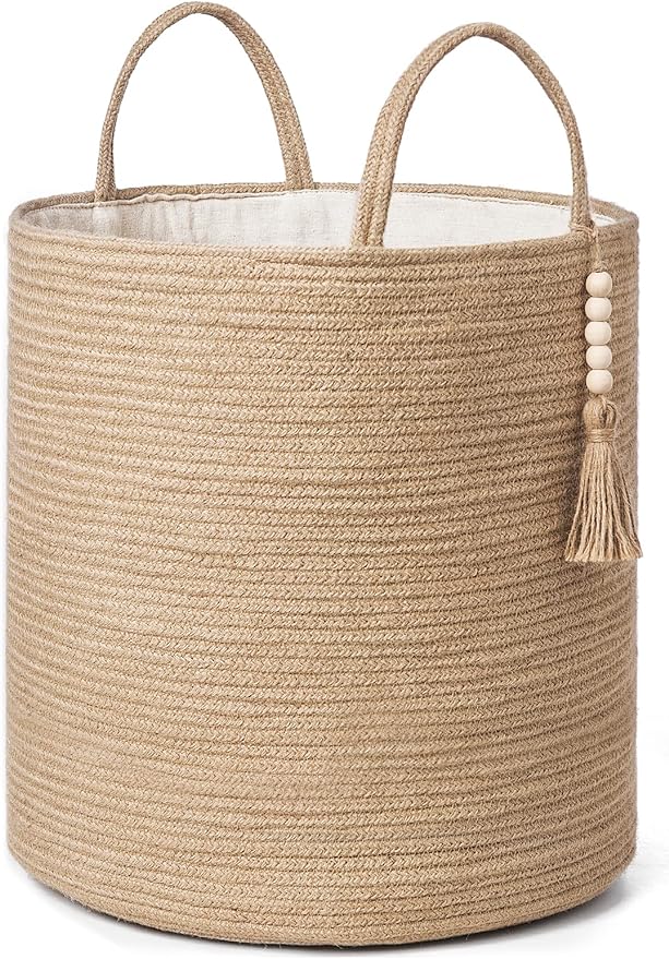 Mkono Tall Wicker Laundry Basket Woven Storage Basket Decorative Natural Rope Basket Wooden Bead Decoration for Blankets,Toys,Clothes,Shoes,Plant Organizer Bin with Handles Living Room 15"Wx17.7"L by Mkono