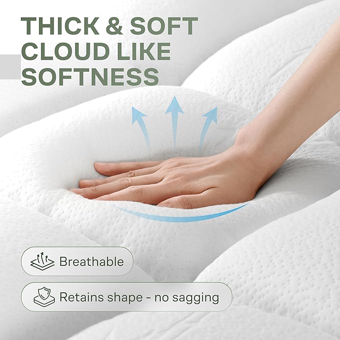 Queen Size Mattress Topper - Plush & Soft Viscose Derived from Bamboo Mattress Pad, Naturally Cooling & Perfect for Back Pain Relief, Snow White