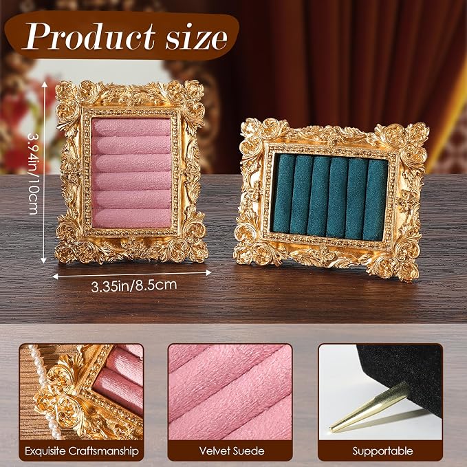 Vintage Ring Holder Rectangle Gold Velvet Display Stand - Baroque Jewelry Organizer Box Tray for Wedding Engagement Anniversary Women Birthday Christmas Gift Photograph Prop (MPF05-Gold Pink) - Image 6