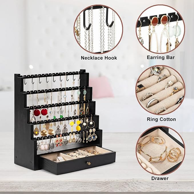 Pinzoveco Earring Organizer, 5 Layer Earring Holder Organizer with Metal Necklace Holder Pole, Rustic Wood Jewelry Organizer Stand Display for Stud Earring Bracelet Necklace Ring, 175 Earring Holes - Image 5