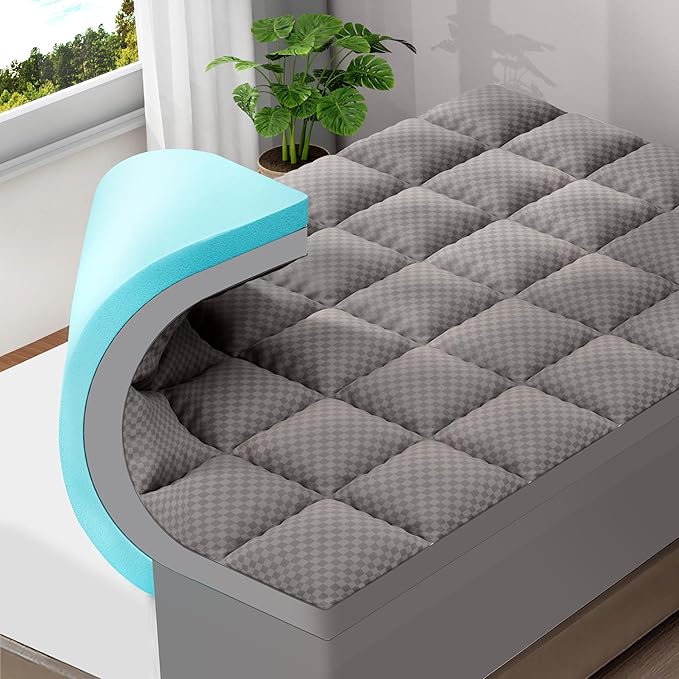OLANLY Dual-Layer 4 Inch Cal King Size Memory Foam Mattress Topper for Back Pain, 2 Inch Cooling Pillow Top Mattress Pad Cover and 2 Inch Gel Memory Foam Topper, Deep Elastic Pocket, Light Grey