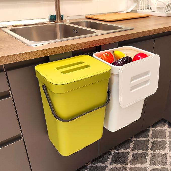 stonespace Small Trash Can with Lid，Mountable Indoor Compost Bucket, Hanging Trash Can with Lid for Cupboard/Bathroom/Bedroom/Office/Camping, 3.2 Gallon/12L Green by stonespace