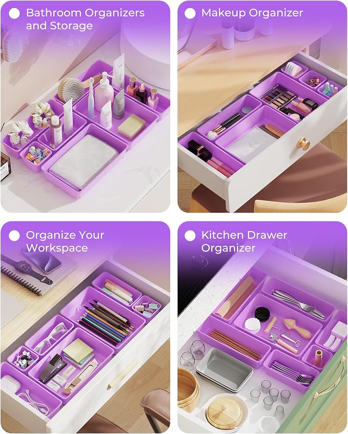 BiuLeon 25 PCS Plastic Drawer Organizers Set, 4-Sizes Vanity and Makeup Organizer, Desk and bathroom Drawer Organizer Trays, Organizers and Storage for Makeup, Jewelry, Gadgets, Utensils (Purple) - Image 7