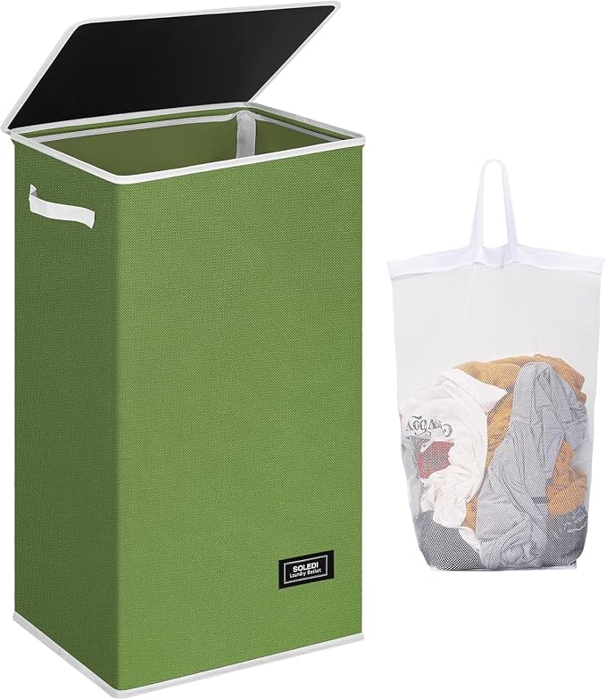 SOLEDI Laundry Hamper with Lid 100L Large & Tall Collapsible Laundry Basket, Clothes Hamper with Bag Removable Easy to Carry, Dirty Hampers for Bedroom, Bathroom, Dorm, College, Dark Green by SOLEDI