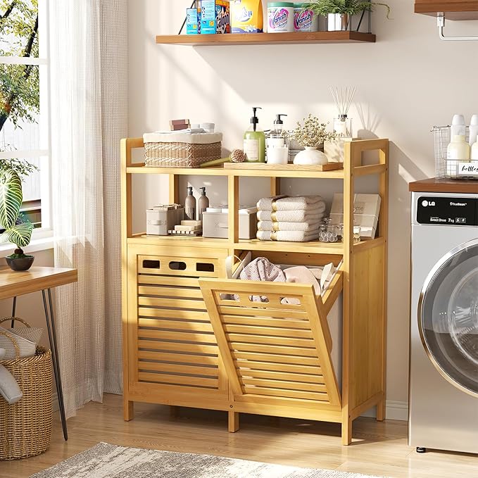 Homykic Tilt Out Laundry Hamper Cabinet, Bamboo Double Laundry Hamper with 2 Removable Laundry Baskets, 20 Gal Laundry Sorter Organizer with Shelf for Dirty Clothes, Bathroom, Laundry Room, Natural - Image 3