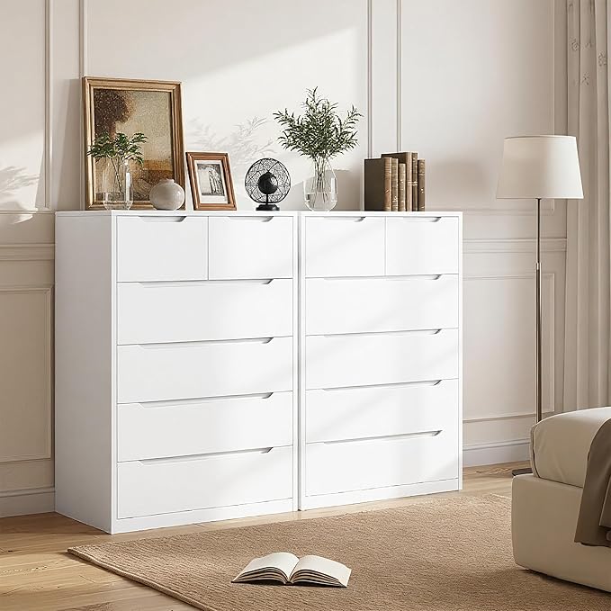 Romorgniz White Dresser for Bedroom with 6 Large Drawers, Tall Chest of Drawers Modern Wooden Dresser for Living Room, Entryway, Hallway, 43.2" H X 27.6" W X15.6 D