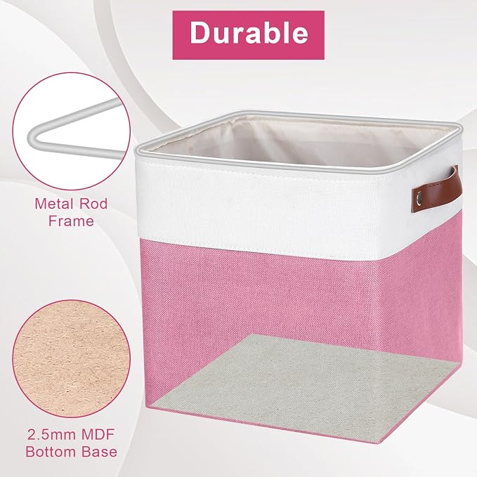 Bagnizer Collapsible Fabric Storage Cubes 11x11 Cube Storage Bins, 4 Pack Closet Baskets Box with Handles for Organizing, Shelf, Toys, Clothes, Home, Office, Nursery (Pink&White) - Image 4