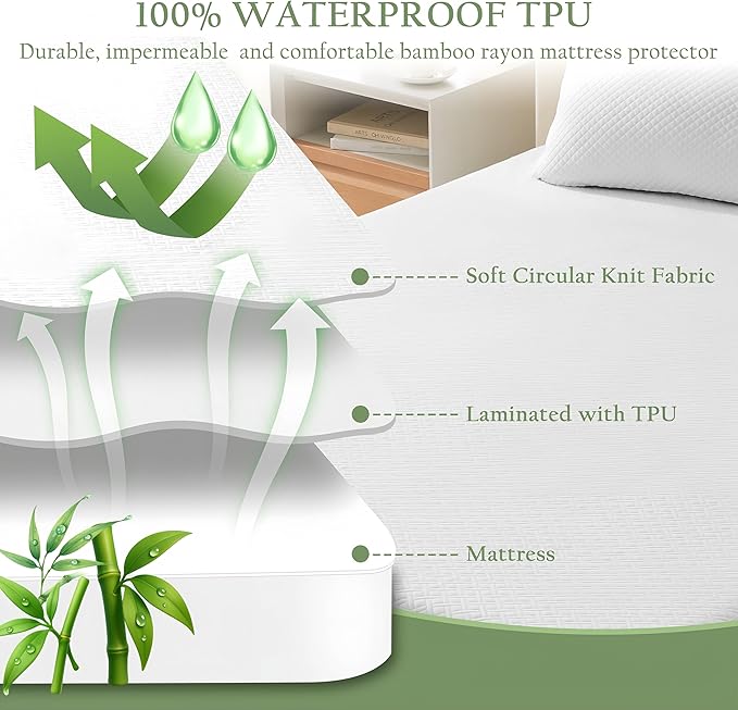 Twin XL Size Waterproof Mattress Protector Viscose Derived from Bamboo, Soft Mattress Bed Cover with Deep Pocket 8"-21", Breathable Noiseless Mattress Pad, Machine Washable (White)