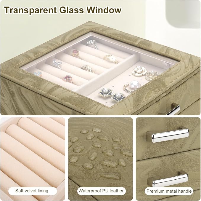 DesignSter Jewelry Box Organizer, Jewelry Box for Women, PU Jewelry Organizer Display Case with Side Drawers, Jewelry Storage for Earring Necklace Ring Bracelet Watch - Image 4