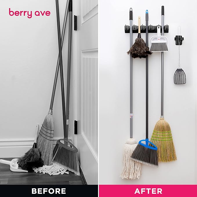 Combo 5 Slot Broom Holder w/ 1 Self Adhesive Mop Gripper No-Drilling, Wall Mount Tool Organizers For Kitchen, Garage, Laundry Room- Anti-Slip Hanger For Brooms, Mops, Rakes, Dustpans (Black / Black) - Image 7