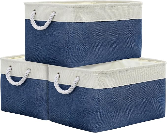 TheWarmHome Organization and Storage Basket for Organizing - X Large 3 Pack 17.7L×13.8W×9.8H in Collapsible Storage Bin for Shelves, Basket for Gifts Empty Toys Organizer Gift (White & Jean Blus) by TheWarmHome