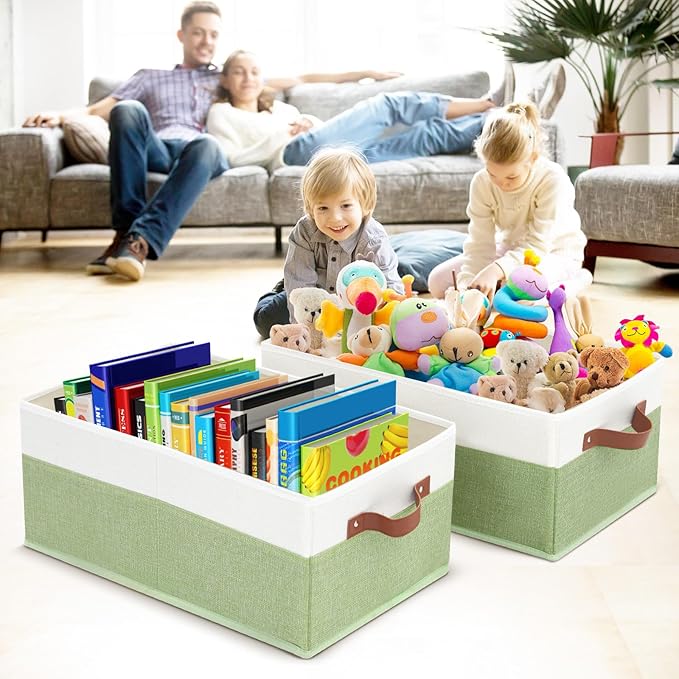 3 Pack Large Capacity Storage Bins Closet Organizer for Shelves, Fabric Closet Storage Baskets Boxes with Leather Handles for Organizing Clothes, Sheets, Jeans, Toys, Books (Green) - Image 6