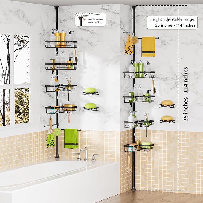 DAOYA Shower Caddy Tension Pole, 4 Adjustable Corner Shower Caddy with 2 Towel Bars & 2 Soap Holders, Expands 25 to 114.2 Inches, Black Stainless Steel for bathroom/Tub/Corner - Image 7