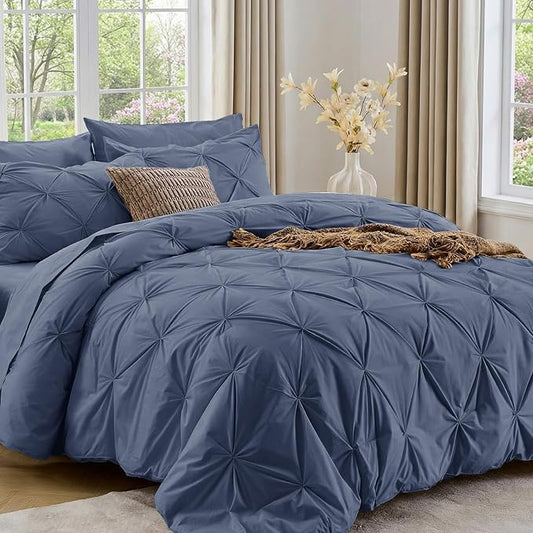 Sasttie California King Comforter Set, 7-Piece Bed in a Bag Cal King, Pintuck Bedding Set for All Season, Includes Comforter, Flat Sheet, Fitted Sheet, Pillowcases and Pillowshams, Indigo Blue