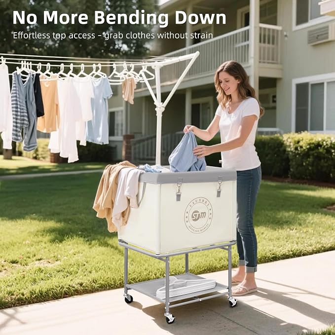 STORAGE MANIAC Rolling Laundry Cart with Storage Shelf, Heavy Duty Industrial Laundry Basket with Wheels, Commercial Metal Frame Clothes Hamper with Canvas Bag for Dorm, Closet, Bedroom, Beige - Image 2