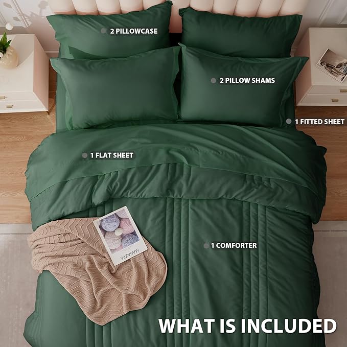 King Comforter Set Emerald Green - Bed in a Bag King Size 7 Pieces, Soft Bedding Set for All Seasons, Christmas Premium King Comforter Set with Comforter, Sheets, Pillowcases & Shams