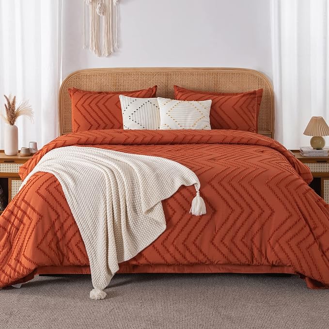 Litanika King Size Comforter Set with Sheets Burnt Orange - 7 Pieces Bed in a Bag King Boho Terracotta Complete Bedding Sets Rust Lightweight Bed Set with Comforter, Sheets, Pillowcases & Shams