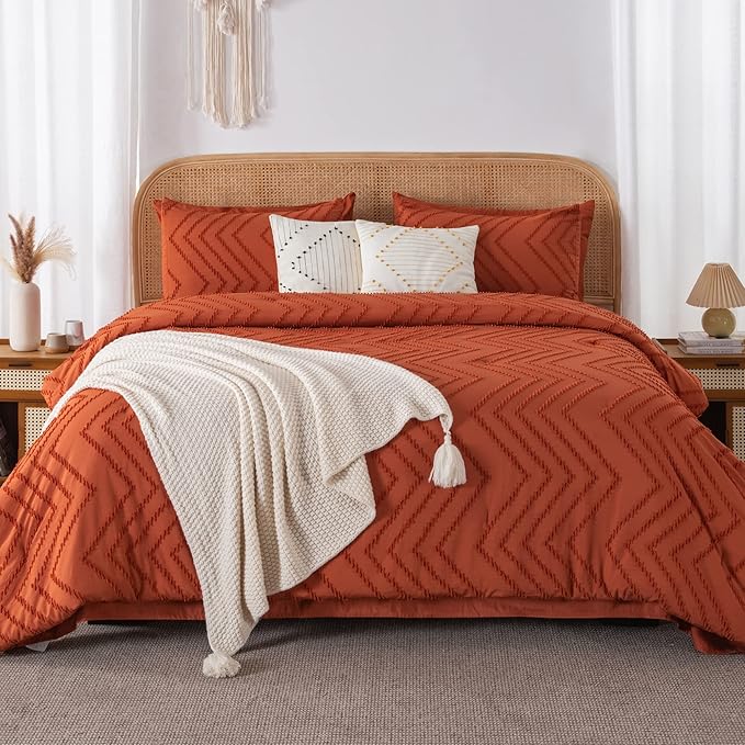 Litanika Queen Comforter Set with Sheets Burnt Orange - 7 Pieces Bed in a Bag Queen Boho Complete Bedding Sets Terracotta Rust Lightweight Bed Set with Comforter, Sheets, Pillowcases & Shams