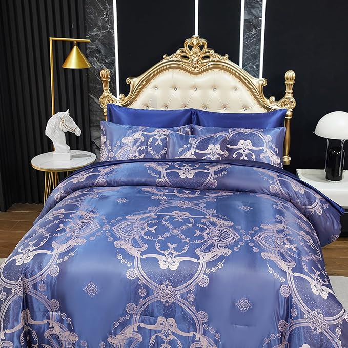 Bedding_Dreamer Blue Comforter Set Satin Sheet Set Jacquard Queen Bedding Set 8 Pcs Vintage Neoclassical Floral Bed Home Decor Soft Comforter Luxury Hotel Silky Bed in a Bag with 1 Cushion Cover