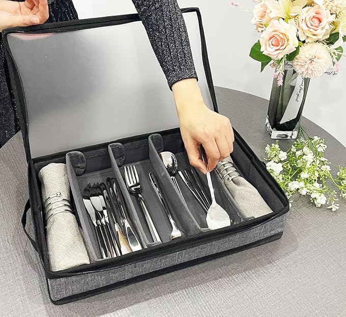 Silverware Organizer Chest,Silverware Storage Box,Stackable Flatware Storage Case,Spoon Organizer,Tableware Storage Box With 4 Dividers for Moving Transport,Kitchen Utensil cutlery Organizer - Image 2