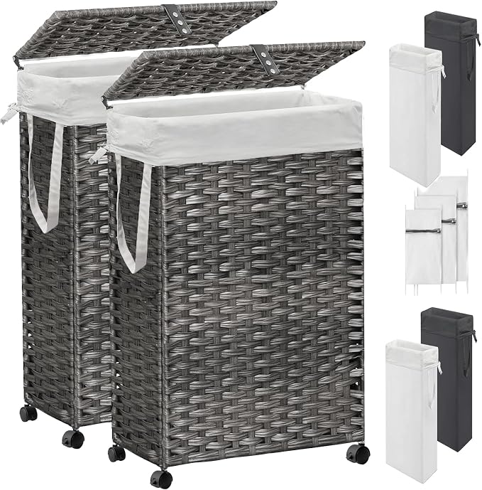 70L Slim Laundry Hamper with Lid & Wheels, 2-Park Rolling Laundry Basket with 4 Removable Liner Bags & 3 Mesh Bags, Narrow Dirty Clothes Basket, Foldable Handwoven Rattan Laundry Sorter, Grey by Hiagnete