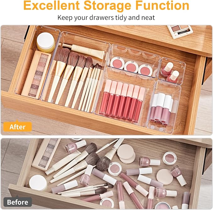 SMARTAKE 22-Piece Drawer Organizer with Non-Slip Silicone Pads, 5-Size Clear Desk Drawer Organizer Trays Storage Tray for Makeup, Jewelries, Utensils in Bedroom Dresser, Office and Kitchen, Clear - Image 4