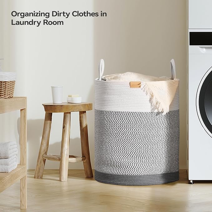Nunsino Laundry Hamper 95L,Large Laundry Basket for Clothes,Decorative Storage Basket for Blankets,Cotton Rope Woven basket for bedroom,Grey White - Image 3