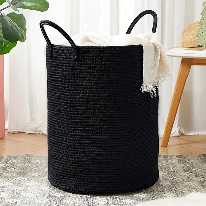 60L Black Woven Cotton Rope Laundry Hamper Basket for Clothes Tall Modern Blanket Storage Basket in Living Room Bedroom 15Dx20H inches by MOJOSCEND