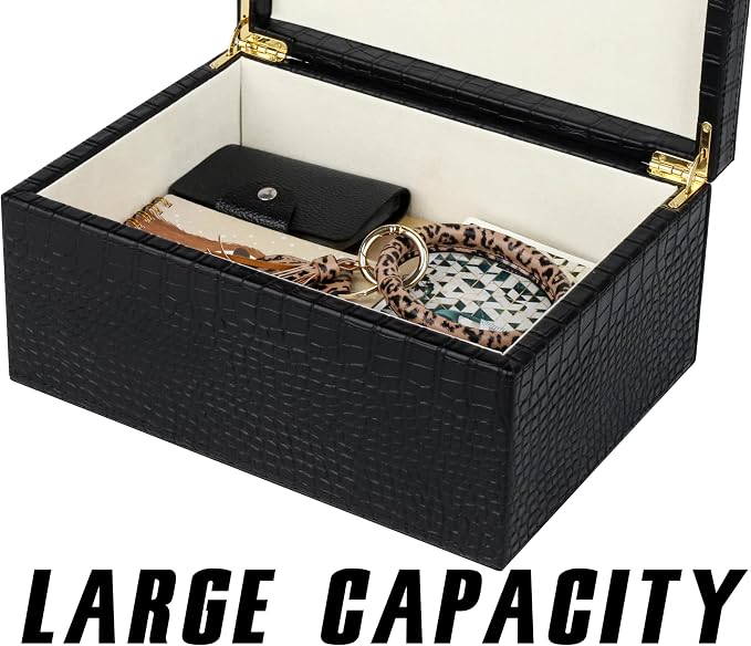 HofferRuffer Faux Leather Decorative Box, Large Wooden Structure Keepsake Box Accessory Organizer Jewelry Organizer with Hinged Lid, Storage Container for Home or Office (CrocoBlack) - Image 7