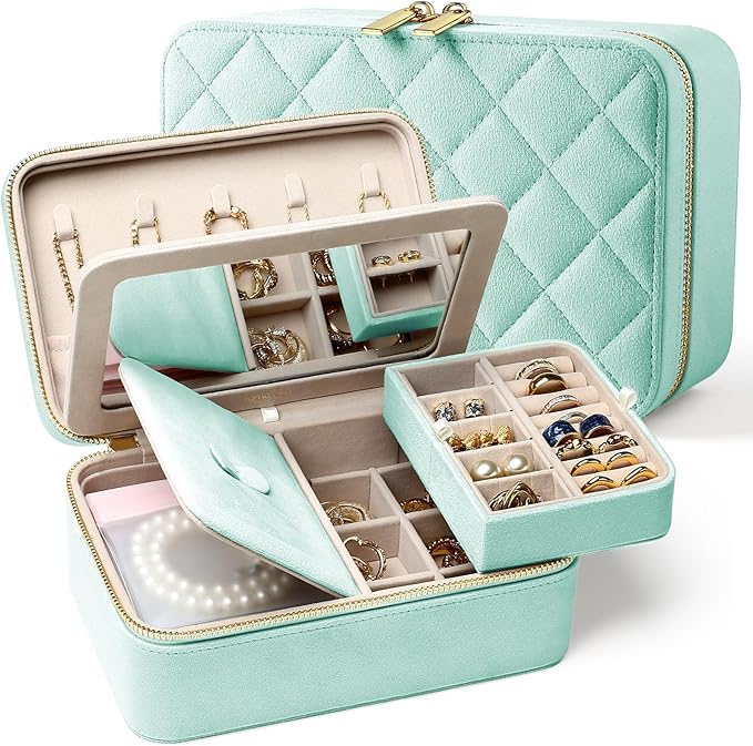 Velvet Travel Jewelry Box with Large Mirror, Double-Layer Jewelry Organizer Case for Women and Girls, Portable Storage Case with 6 Anti-Tarnish Bags Gift Ready for Her (Mint Green) by Lumayina