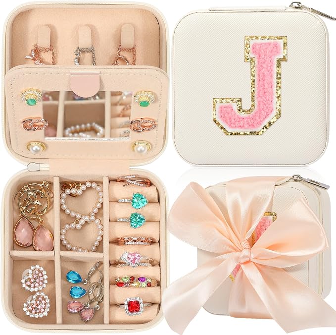 CHMI Travel Jewelry Case, White Travel Jewelry Box, Travel Jewelry Organizer, Travel Gifts for Women Girls, Jewelry Organizer Box, Birthday Gifts for Women, Christmas Gifts for Teens Girls - Initial J by CHMI