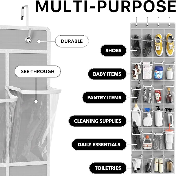 Simple Houseware 24 Pockets - Crystal Clear Over The Door Hanging Shoe Organizer, Gray (64'' x 19'') - Image 5