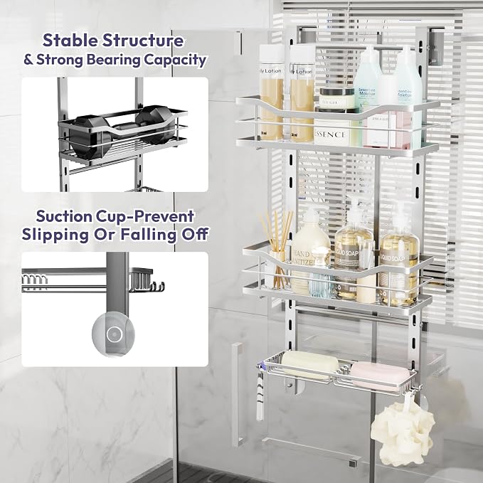 SWTYMIKI Over the Door Shower Caddy - 3 Tier Adjustable Shower Organizer Hanging with Soap Holder, No Drilling Stainless Steel Bathroom Rack Hanging for Body Wash, Shampoo, Soap, Razor, Silver - Image 5