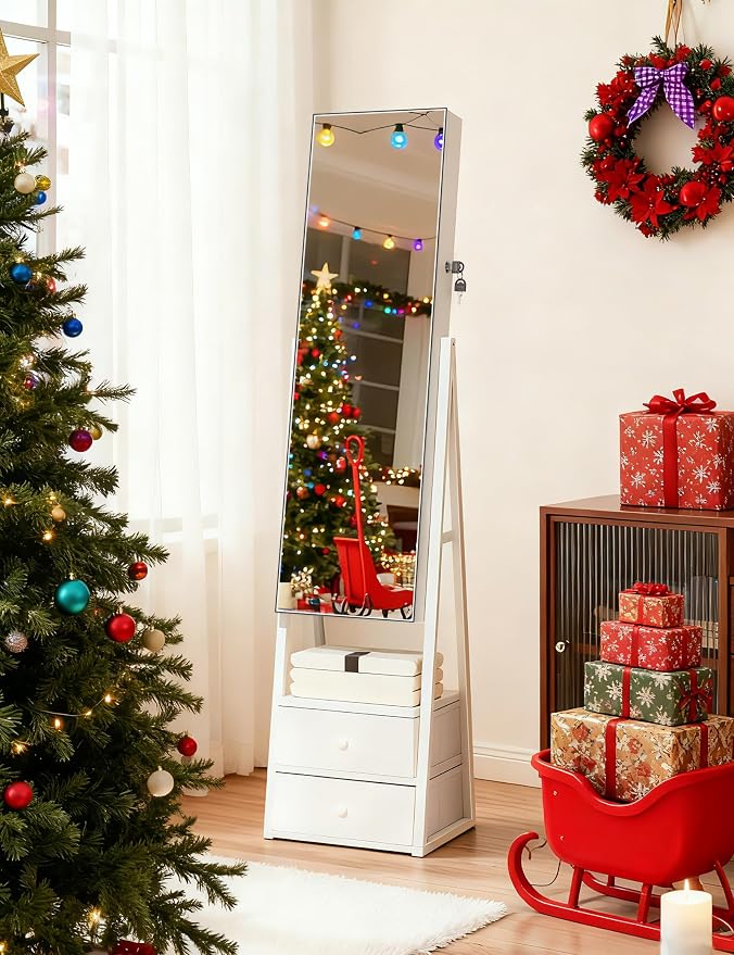 Nicetree Jewelry Cabinet Armoire with 2 Drawers, Lockable Standing Mirror Jewelry Cabinet, Full Length Mirror with Jewelry Storage, Gift Idea, White - Image 6