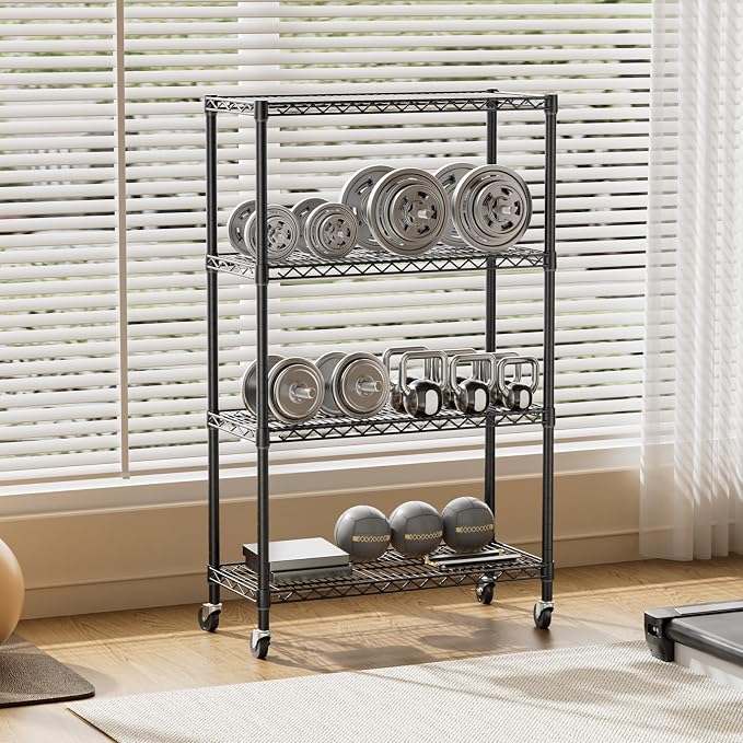 SINGAYE 4 Shelf Storage Wire Shelves Closet Bathroom Organizers Metal Pantry Kitchen Garage Shelving Unit Laundry Room Organization Home Narrow Rack Net Basket with Wheels Black - Image 9